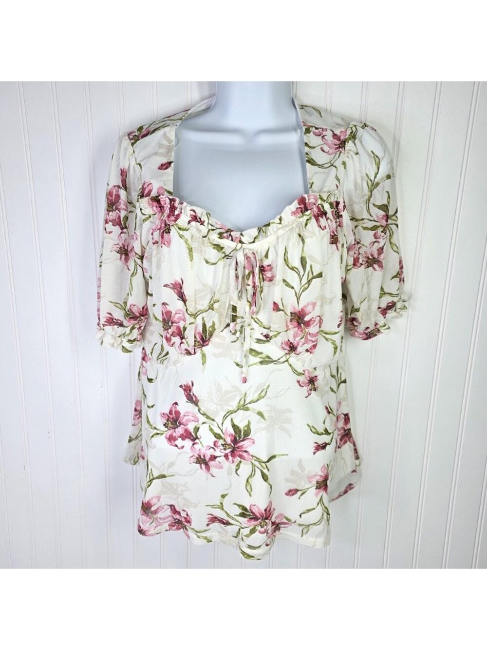Ember Top Women Large Pink Floral Chiffon Peasant Boho Cottage Coquette Romantic